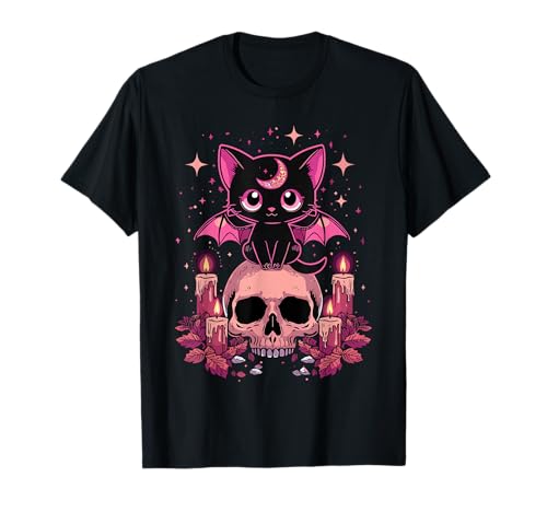 Niedliche rosa Fledermaus-Katze, die auf Totenkopf-Skelett-Kerzen sitzt T-Shirt Niedliche rosa Fledermaus-Katze, die auf Totenkopf-Skelett-Kerzen sitzt T-Shirt von Cute Pastel Colors Bat Cat Animal on Skull Candles