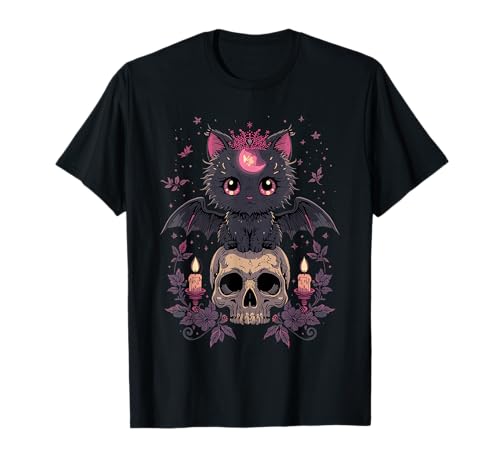 Niedliche rosa Fledermaus-Katze, die auf Totenkopf-Skelett-Kerzen sitzt T-Shirt Niedliche rosa Fledermaus-Katze, die auf Totenkopf-Skelett-Kerzen sitzt T-Shirt von Cute Pastel Colors Bat Cat Animal on Skull Candles