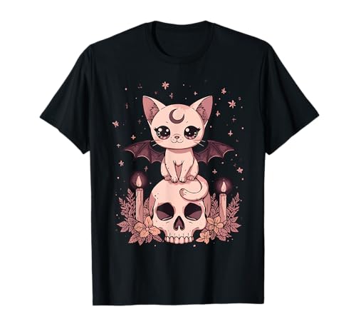 Niedliche rosa Fledermaus-Katze, die auf Totenkopf-Skelett-Kerzen sitzt T-Shirt Niedliche rosa Fledermaus-Katze, die auf Totenkopf-Skelett-Kerzen sitzt T-Shirt von Cute Pastel Colors Bat Cat Animal on Skull Candles
