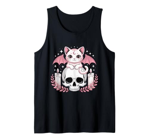 Niedliche rosa Fledermaus-Katze, die auf Totenkopf-Skelett-Kerzen sitzt Tank Top von Cute Pastel Colors Bat Cat Animal on Skull Candles