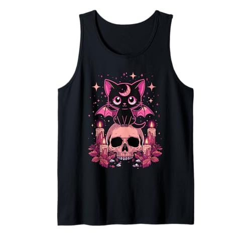 Niedliche rosa Fledermaus-Katze, die auf Totenkopf-Skelett-Kerzen sitzt Tank Top Niedliche rosa Fledermaus-Katze, die auf Totenkopf-Skelett-Kerzen sitzt Tank Top von Cute Pastel Colors Bat Cat Animal on Skull Candles