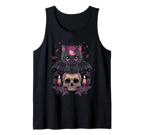 Niedliche rosa Fledermaus-Katze, die auf Totenkopf-Skelett-Kerzen sitzt Tank Top Niedliche rosa Fledermaus-Katze, die auf Totenkopf-Skelett-Kerzen sitzt Tank Top von Cute Pastel Colors Bat Cat Animal on Skull Candles