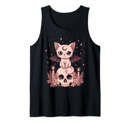 Niedliche rosa Fledermaus-Katze, die auf Totenkopf-Skelett-Kerzen sitzt Tank Top Niedliche rosa Fledermaus-Katze, die auf Totenkopf-Skelett-Kerzen sitzt Tank Top von Cute Pastel Colors Bat Cat Animal on Skull Candles