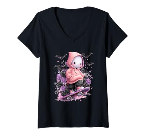 Damen Entzückendes Pastell-Gothic-Skater-Design T-Shirt mit V-Ausschnitt von Cute Pastel Goth Skater Aesthetic