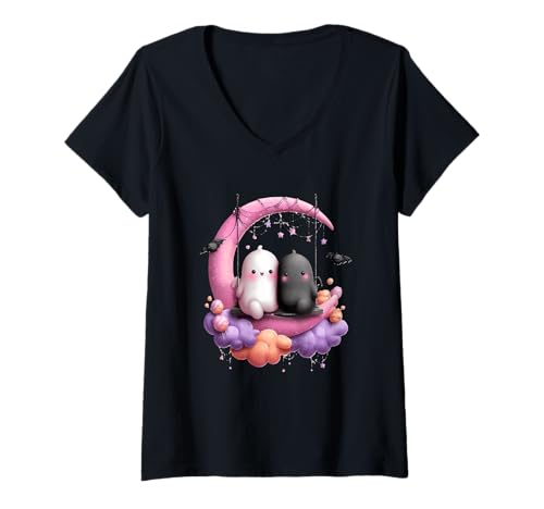 Damen Kawaii Halloween Mond Geister auf Schaukel T-Shirt mit V-Ausschnitt von Cute Pastel Halloween Moon Bats Clouds