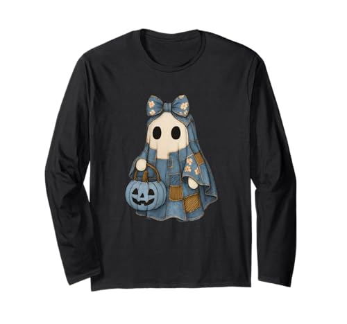 Süßer Patchwork-Geist im Jeanskleid mit Kürbiskorb Langarmshirt von Cute Patch Spirits Apparel