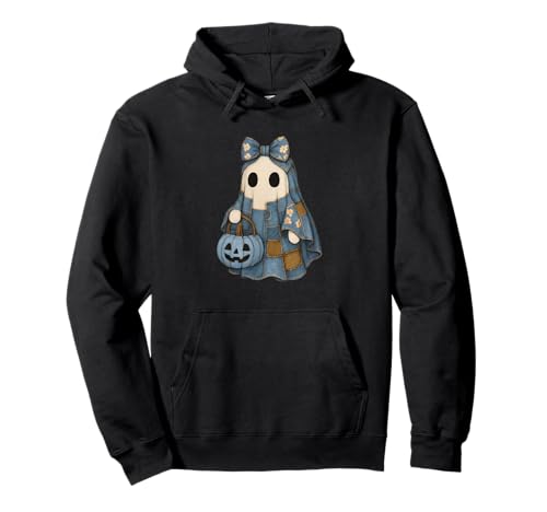 Süßer Patchwork-Geist im Jeanskleid mit Kürbiskorb Pullover Hoodie von Cute Patch Spirits Apparel