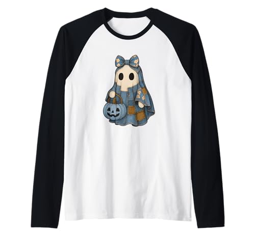Süßer Patchwork-Geist im Jeanskleid mit Kürbiskorb Raglan von Cute Patch Spirits Apparel