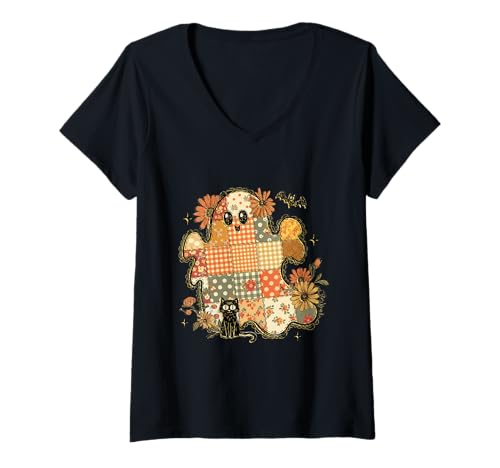 Damen Halloween-Patchwork-Geist - gemütliches Halloween-süßes Geistergeschenk T-Shirt mit V-Ausschnitt von Cute Patch work Ghost