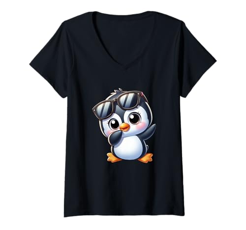 Damen Niedlicher Pinguin mit Sonnenbrille Kawaii Cartoon Tier T-Shirt mit V-Ausschnitt Damen Niedlicher Pinguin mit Sonnenbrille Kawaii Cartoon Tier T-Shirt mit V-Ausschnitt von Cute Penguin Cartoon Kawaii Animal with Sunglasses