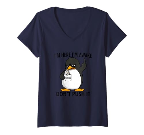 Damen Lustiger Pinguin Kaffeeliebhaber Awake Don't Push T-Shirt mit V-Ausschnitt Damen Lustiger Pinguin Kaffeeliebhaber Awake Don't Push T-Shirt mit V-Ausschnitt von Cute Penguin Coffee Comedy for Early Risers