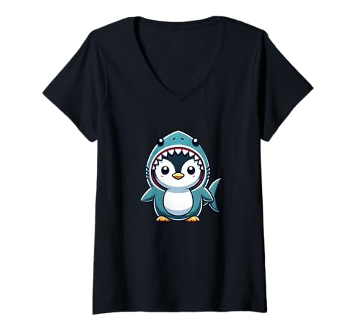 Damen Niedlicher Pinguin im Hai Karneval Kostüm Cartoon T-Shirt mit V-Ausschnitt Damen Niedlicher Pinguin im Hai Karneval Kostüm Cartoon T-Shirt mit V-Ausschnitt von Cute Penguin Costume Designs