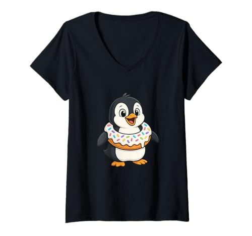 Damen Niedlicher Cartoon-Pinguin mit Donut-Schwimmer T-Shirt mit V-Ausschnitt von Cute Penguin Donut Designs