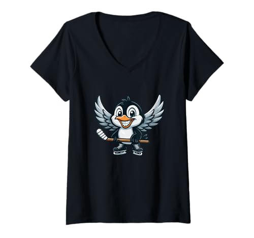 Damen Lustiger Pinguin beim Eishockey mit Flügeln T-Shirt mit V-Ausschnitt von Cute Penguin Ice Hockey Flying Animal