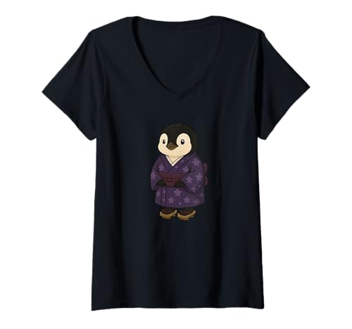 Damen Entzückender Pinguin im japanischen Kimono-Outfit T-Shirt mit V-Ausschnitt von Cute Penguin Japanese Kimono