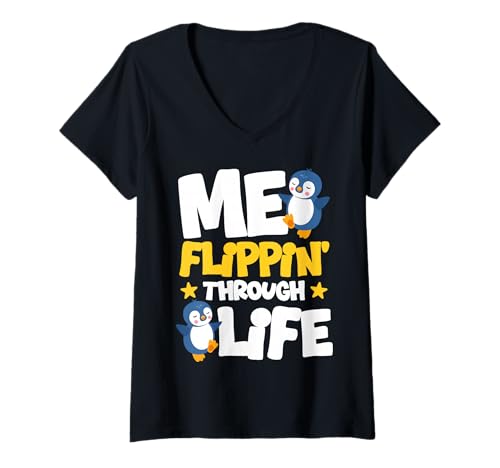 Damen Me Flippin Through Life Pinguin Cute Funny T-Shirt mit V-Ausschnitt Damen Me Flippin Through Life Pinguin Cute Funny T-Shirt mit V-Ausschnitt von Cute Penguin Kids Funny Toddler Baby Humor