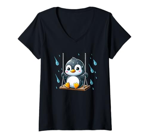 Damen Niedlicher Pinguin auf Schaukel im Regen, lustiges Cartoon-Tier T-Shirt mit V-Ausschnitt von Cute Penguin Swing Rain Cartoon Animal Art