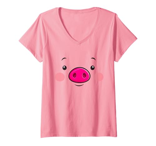 Damen Schweinegesicht Erwachsene Kinder Männer Frauen Schweinegesicht Kostüm T-Shirt mit V-Ausschnitt von Cute Pig Face Costume Halloween