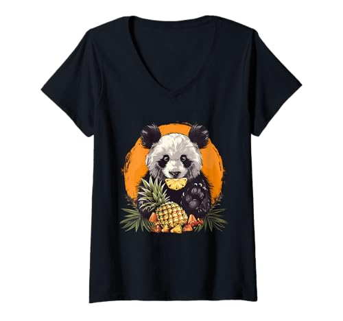 Damen Ananas Panda Bär Ananas Obst Zeichnung Tier Kunst T-Shirt mit V-Ausschnitt von Cute Pineapple Animals