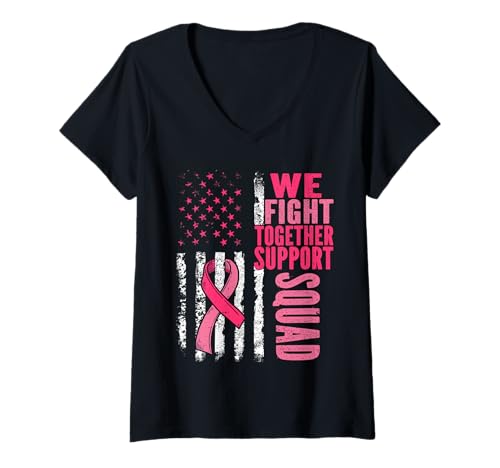 Damen Brustkrebs-Flagge We Fight Together Support Squad Pink T-Shirt mit V-Ausschnitt Damen Brustkrebs-Flagge We Fight Together Support Squad Pink T-Shirt mit V-Ausschnitt von Cute Pink Stand up to Breast Cancer Accessories