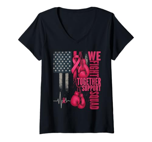 Damen Brustkrebs-Flagge We Fight Together Support Squad Pink T-Shirt mit V-Ausschnitt Damen Brustkrebs-Flagge We Fight Together Support Squad Pink T-Shirt mit V-Ausschnitt von Cute Pink Stand up to Breast Cancer Accessories