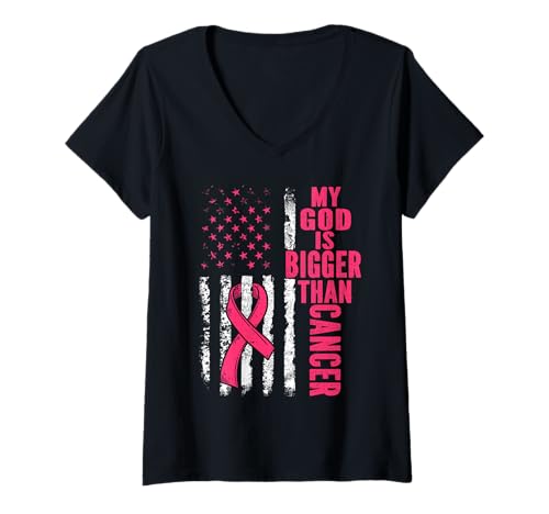 Damen Mein Gott ist größer als Krebs, Brustkorb, niedliches rosa Band, Jesus T-Shirt mit V-Ausschnitt Damen Mein Gott ist größer als Krebs, Brustkorb, niedliches rosa Band, Jesus T-Shirt mit V-Ausschnitt von Cute Pink Us Flag Breast Cancer Accessories Tee