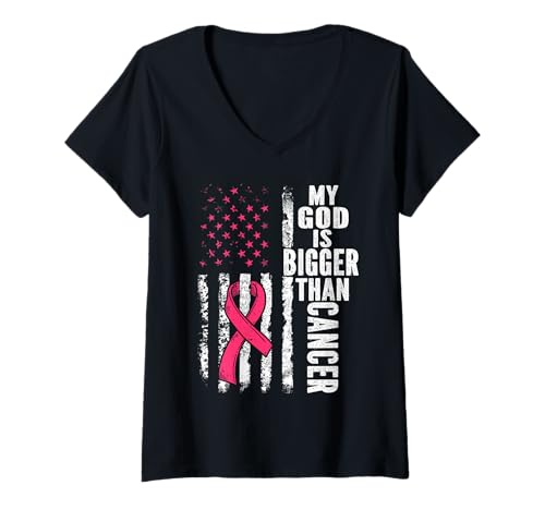 Damen Mein Gott ist größer als Krebs, Brustkorb, niedliches rosa Band, Jesus T-Shirt mit V-Ausschnitt Damen Mein Gott ist größer als Krebs, Brustkorb, niedliches rosa Band, Jesus T-Shirt mit V-Ausschnitt von Cute Pink Us Flag Breast Cancer Awareness Tee