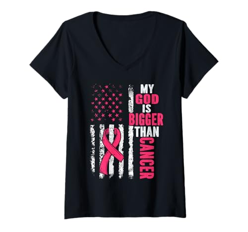 Damen Mein Gott ist größer als Krebs, Brustkorb, niedliches rosa Band, Jesus T-Shirt mit V-Ausschnitt Damen Mein Gott ist größer als Krebs, Brustkorb, niedliches rosa Band, Jesus T-Shirt mit V-Ausschnitt von Cute Pink Us Flag Breast Cancer Awareness Tee