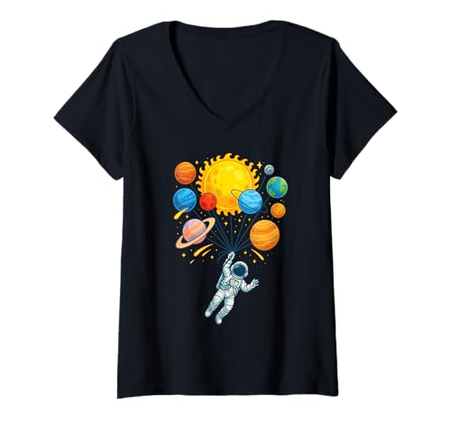 Damen Astronaut hält Luftballons schweben im Weltraum Universum Galaxie T-Shirt mit V-Ausschnitt Damen Astronaut hält Luftballons schweben im Weltraum Universum Galaxie T-Shirt mit V-Ausschnitt von Cute Planet Balloon Astronaut Men Women Kids Gifts