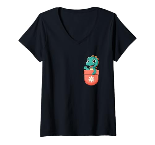 Damen Entzückender Taschen-Dinosaurier, der niedlicher Baby-Dino schaut T-Shirt mit V-Ausschnitt Damen Entzückender Taschen-Dinosaurier, der niedlicher Baby-Dino schaut T-Shirt mit V-Ausschnitt von Cute Pocket Dinosaur Baby Toddler Kids