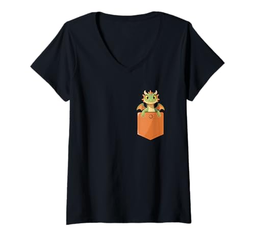 Damen Drache in Einer Tasche, süßer Baby-Drache T-Shirt mit V-Ausschnitt von Cute Pocket Dragon Baby Fantasy Kids