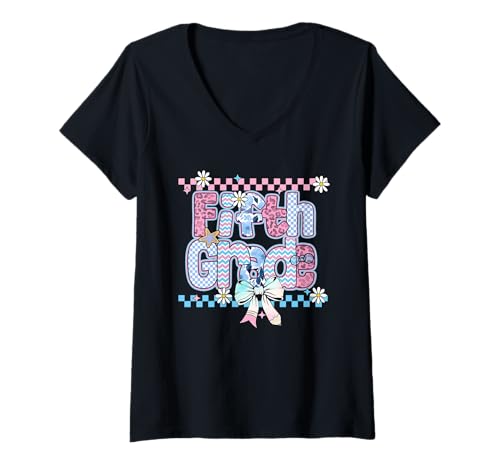 Damen Preppy Bleistiftschleife für Lehrer der fünften Klasse mit Blumenmuster, blau T-Shirt mit V-Ausschnitt Damen Preppy Bleistiftschleife für Lehrer der fünften Klasse mit Blumenmuster, blau T-Shirt mit V-Ausschnitt von Cute Preppy Fifth Grade Inspyrmyn