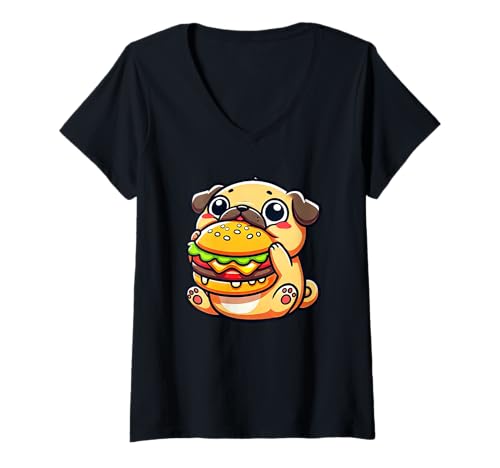 Damen Mops Essen Burger Fast Food Lover Design T-Shirt mit V-Ausschnitt Damen Mops Essen Burger Fast Food Lover Design T-Shirt mit V-Ausschnitt von Cute Pug Burger Designs