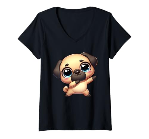 Damen Niedlicher Mops, lustiges Cartoon-Tier mit großen Augen T-Shirt mit V-Ausschnitt von Cute Pug Dab Dog Funny Animal Meme Cartoon