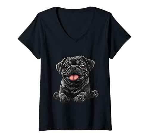 Damen Mops-Liebhaber, buntes Porträt, Hund, Tier, niedlicher Mops-Besitzer T-Shirt mit V-Ausschnitt von Cute Pug Dog Lover