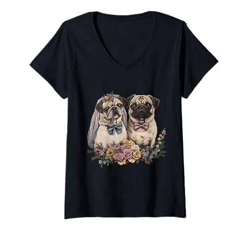 Damen Niedlicher Mopsbesitzer, Mops-Liebhaber, buntes Porträt, Hund, Mops T-Shirt mit V-Ausschnitt von Cute Pug Dog Lover