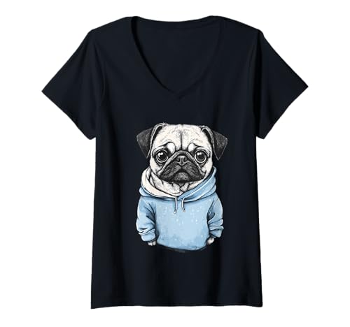 Damen Niedlicher Mopsbesitzer, Mops-Liebhaber, buntes Porträt, Hund, Mops T-Shirt mit V-Ausschnitt von Cute Pug Dog Lover
