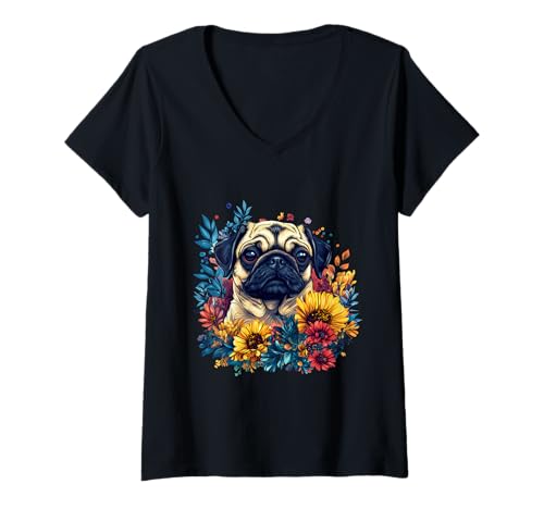 Damen Niedlicher Mopsbesitzer, Mops-Liebhaber, buntes Porträt, Hund, Mops T-Shirt mit V-Ausschnitt von Cute Pug Dog Lover