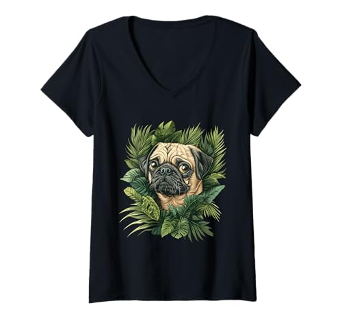 Damen Niedlicher Mopsbesitzer, Mops-Liebhaber, buntes Porträt, Hund, Mops T-Shirt mit V-Ausschnitt von Cute Pug Dog Lover