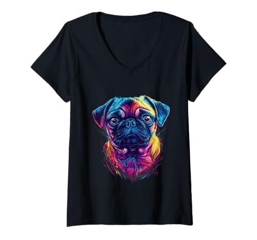 Damen Niedlicher Mopsbesitzer, Mops-Liebhaber, buntes Porträt, Hund, Mops T-Shirt mit V-Ausschnitt von Cute Pug Dog Lover