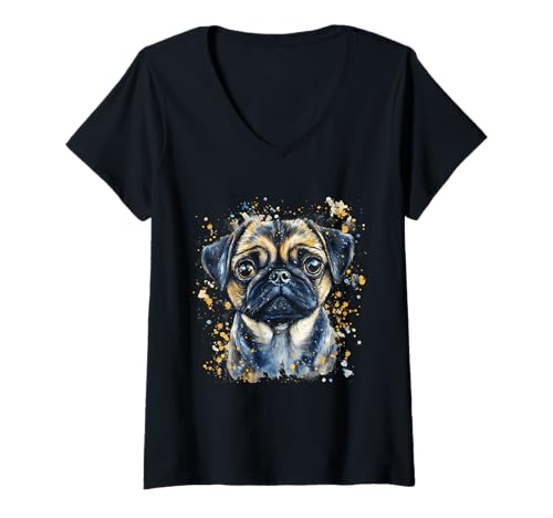 Damen Niedlicher Mopsbesitzer, Mops-Liebhaber, buntes Porträt, Hund, Mops T-Shirt mit V-Ausschnitt von Cute Pug Dog Lover
