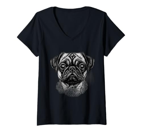 Damen Niedlicher Mopsbesitzer, Mops-Liebhaber, buntes Porträt, Hund, Mops T-Shirt mit V-Ausschnitt von Cute Pug Dog Lover