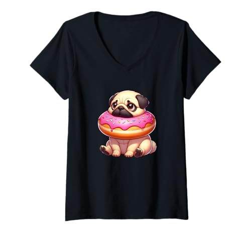 Damen Lustiger Mops mit rosa Donut T-Shirt mit V-Ausschnitt von Cute Pug Doughnut Cartoon Design