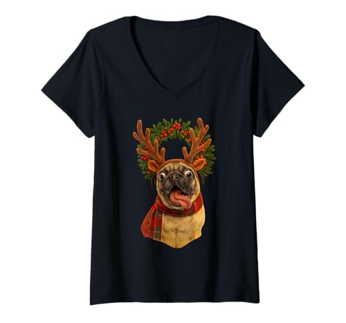 Damen Rentier Mops Mistelzweig Lustiger Weihnachtshund Weihnachten T-Shirt mit V-Ausschnitt Damen Rentier Mops Mistelzweig Lustiger Weihnachtshund Weihnachten T-Shirt mit V-Ausschnitt von Cute Pug Mistletoe Festive Dog XMAS Design