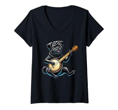 Damen Cute Dog Black Pug Playing Banjo T-Shirt mit V-Ausschnitt von Cute Pug Playing Banjo Music Apparel