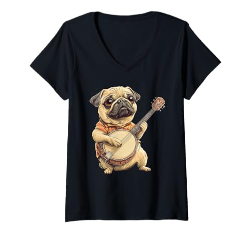Damen Cute Dog Pug Playing Banjo T-Shirt mit V-Ausschnitt Damen Cute Dog Pug Playing Banjo T-Shirt mit V-Ausschnitt von Cute Pug Playing Banjo Music Apparel