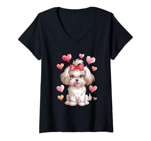 Damen Adorable Fluffy Puppy with Pink Bow Cartoon Animal Lovers T-Shirt mit V-Ausschnitt Damen Adorable Fluffy Puppy with Pink Bow Cartoon Animal Lovers T-Shirt mit V-Ausschnitt von Cute Puppy Surrounded By Hearts Joyful Pet Art