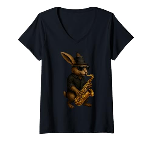 Damen Cute Rabbit Bunny Playing Saxophone Rabbits Musician Music T-Shirt mit V-Ausschnitt von Cute Rabbit Bunny Playing Saxophone Rabbit Lover