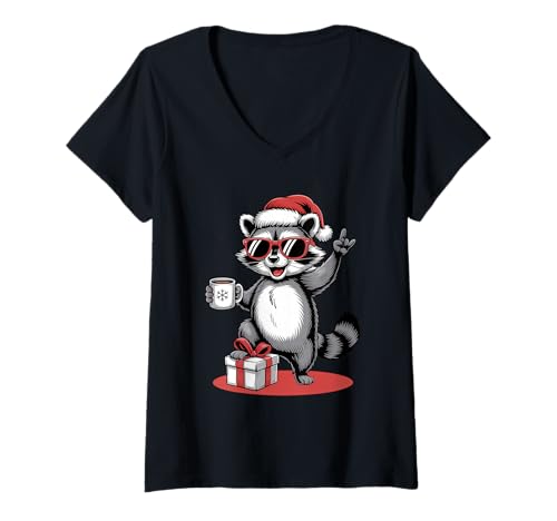 Damen Cute Raccoon Rock Christmas Funny Racoon T-Shirt mit V-Ausschnitt Damen Cute Raccoon Rock Christmas Funny Racoon T-Shirt mit V-Ausschnitt von Cute Raccoon Christmas Funny Racoon