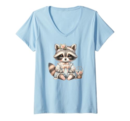 Damen Vintage Cottagecore Waschbär Pastell Floral Schleife T-Shirt mit V-Ausschnitt Damen Vintage Cottagecore Waschbär Pastell Floral Schleife T-Shirt mit V-Ausschnitt von Cute Raccoon Cottagecore Art Apparel and Home